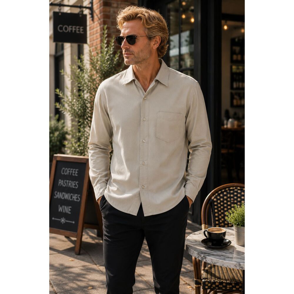 Alfani Microfiber Button Front Dress Shirt Beige Long Sleeve Men's Small